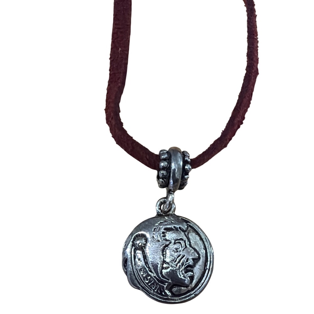 Ancient Greek Roman Coin‎ Medallion Necklace Burgundy Suede Cord Silver Tone